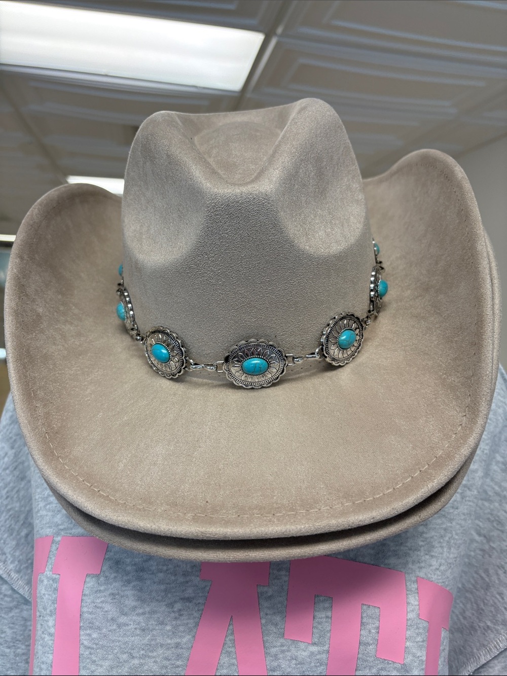 Suede Western Cowboy Hat with Turquoise Concho Band - Taupe